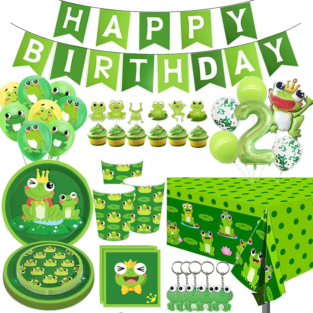 Frosch-Geburtstagsparty-Dekorationen „Happy Birthady“-Banner, Luftballons, Einweggeschirr, Kuchendeckel, Geburtstagszubehör mit Froschmotiv