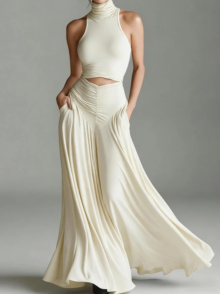 Women's Turtleneck Sleeveless Pullover Short Top with Maxi Skirts Two-Piece Set Casual Elegant Holiday Simple Outfit Streetwear