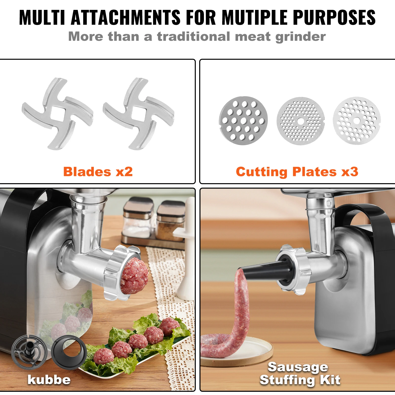VEVOR 550W（2200W MAX) Electric Meat Grinder with 2 Blade, 3 Grinding Plates, Sausage Maker & Kubbe Kit ABS + Stainless Steel 4