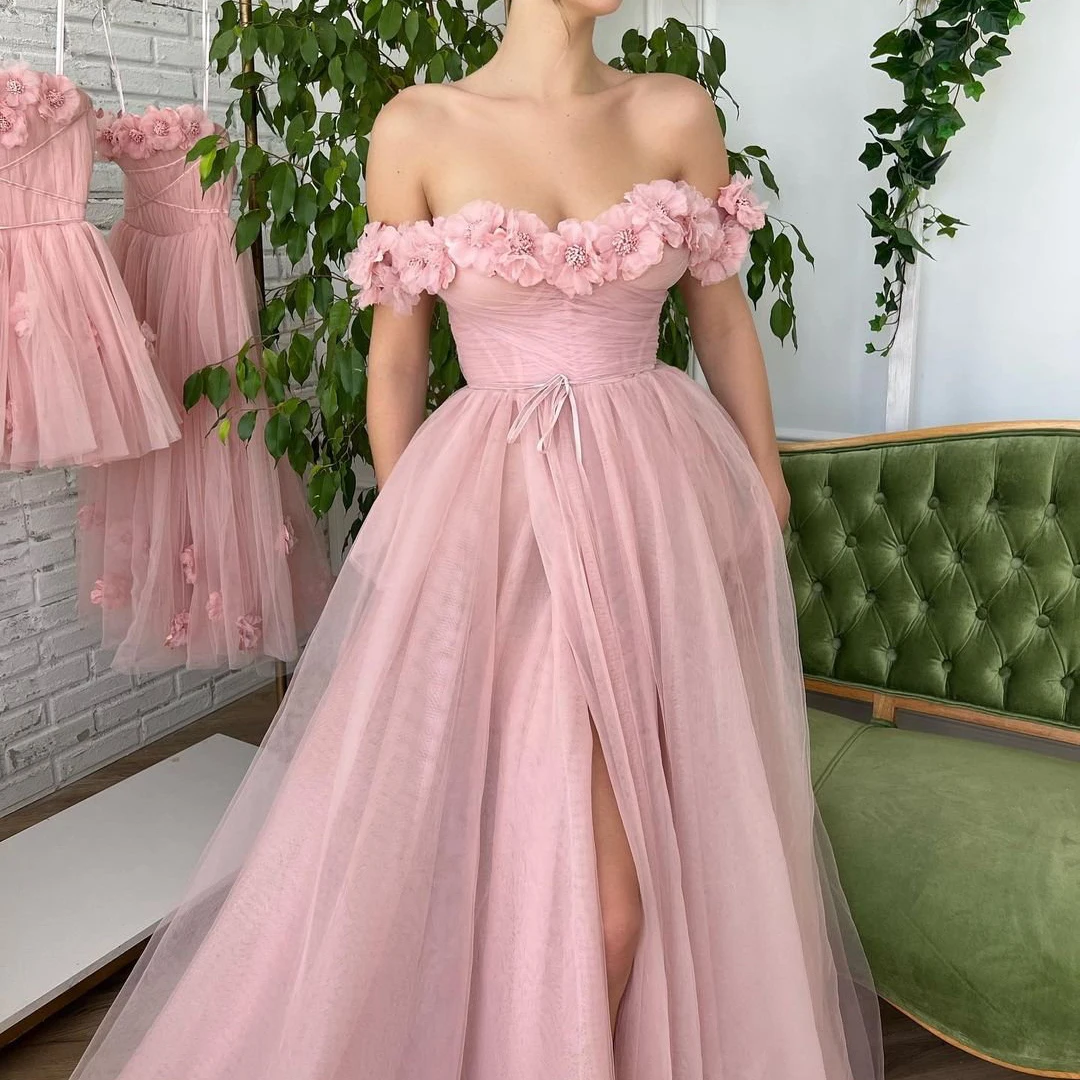 Thinyfull Formal Princess Prom Dresses Pink Off The Shoulder Evening Floor Length Cocktail Party Prom Ball Gowns Plus Size