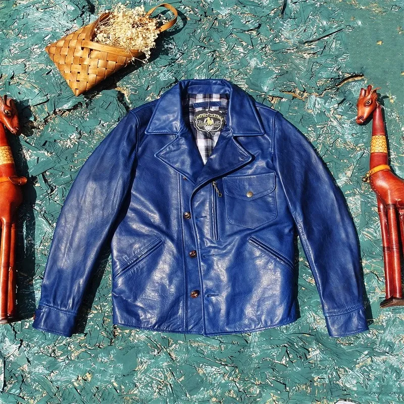Free shipping.Soft natural horsehide cloth.100% real tanned leather jacket.Classic Moto Rider leather coat.indigo.Plus size.