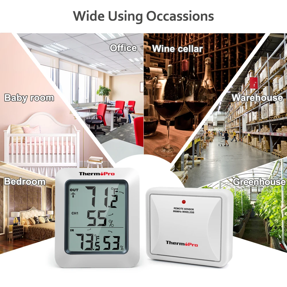 ThermoPro 무선 디지털 실내 온도계 습도계, TP60C, 가정용 기상 관측소, 60m
