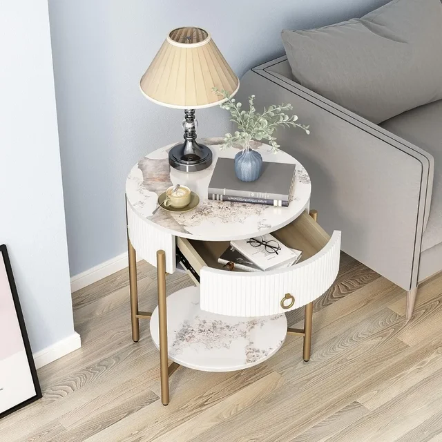 Modern End Table with Storage Drawer, Round 2-Tier Nightstand with Shelf 2