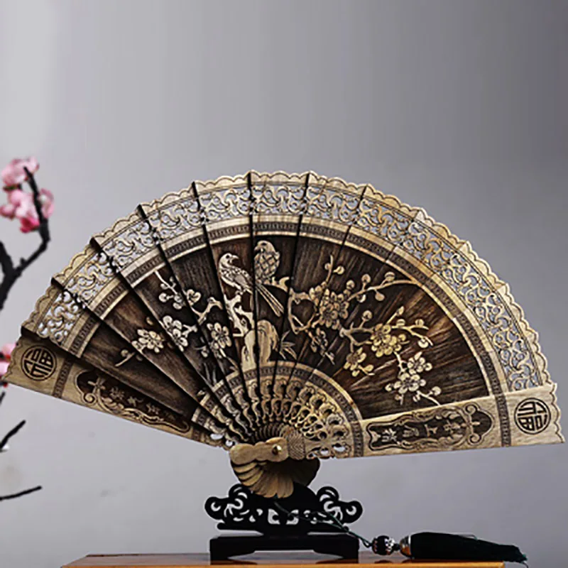 Nanmu-Folding Hand Fan, Upscale Carved, Decorative Hollow Out, Chinese Style, Wooden Craft, Home Decor, Luxury Hand Held