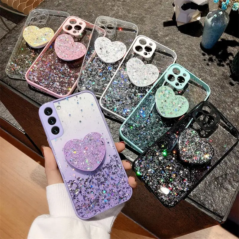 

For Samsung Galaxy S21 S20 S22 Plus Ultra Fe S 21 22 Love Heart Gradient Glitter Holder Case S21fe Stand Silicone Cover S21plus