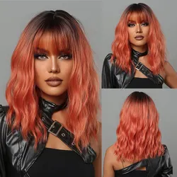 Grey Wavy Bob Wig with Bangs - Short Blonde Ombre Synthetic Wig with Dark Roots (LC2013-1)