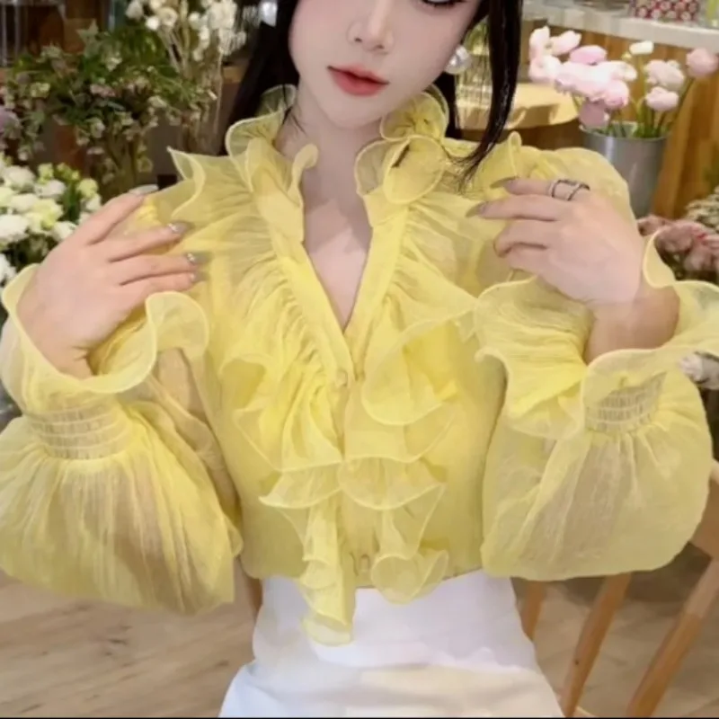 Women's Clothing Perspective Fashion Ruched V-Neck Solid Color Blouse Spring Summer Korean Commute Flare Sleeve Ruffles Shirt