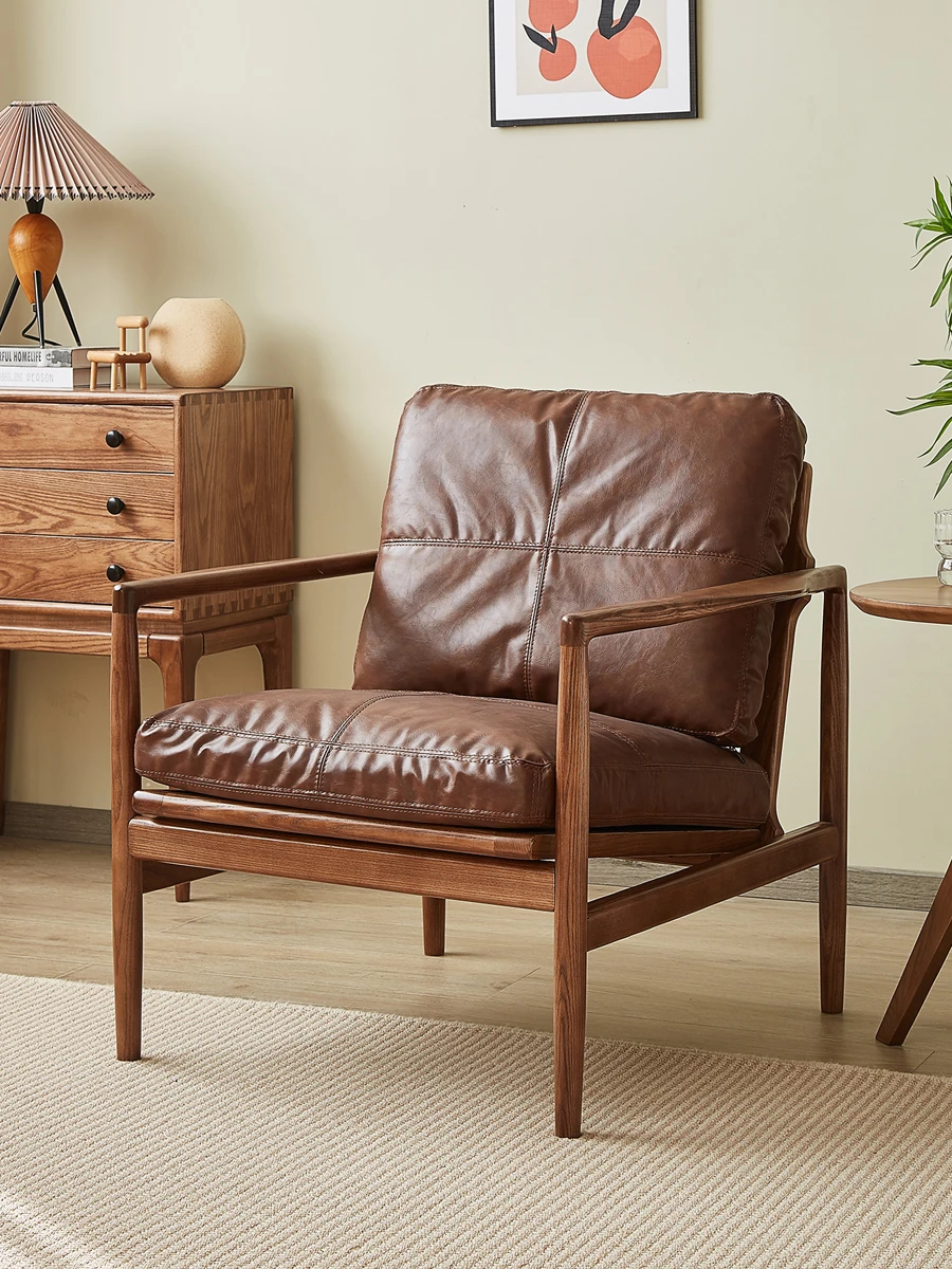 

vintage solid wood leather sofa chair small living room simple single leisure chair lazy reading chair combination