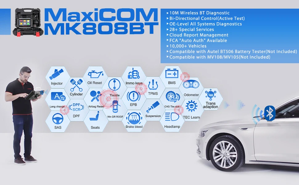 small car inspection equipment Autel MaxiCOM MK808BT Car Professional Diagnostic Tools Code Reader OBD1 OBD2 Bluetooth-compatible Active Test Scanner PK MK808 best car inspection equipment