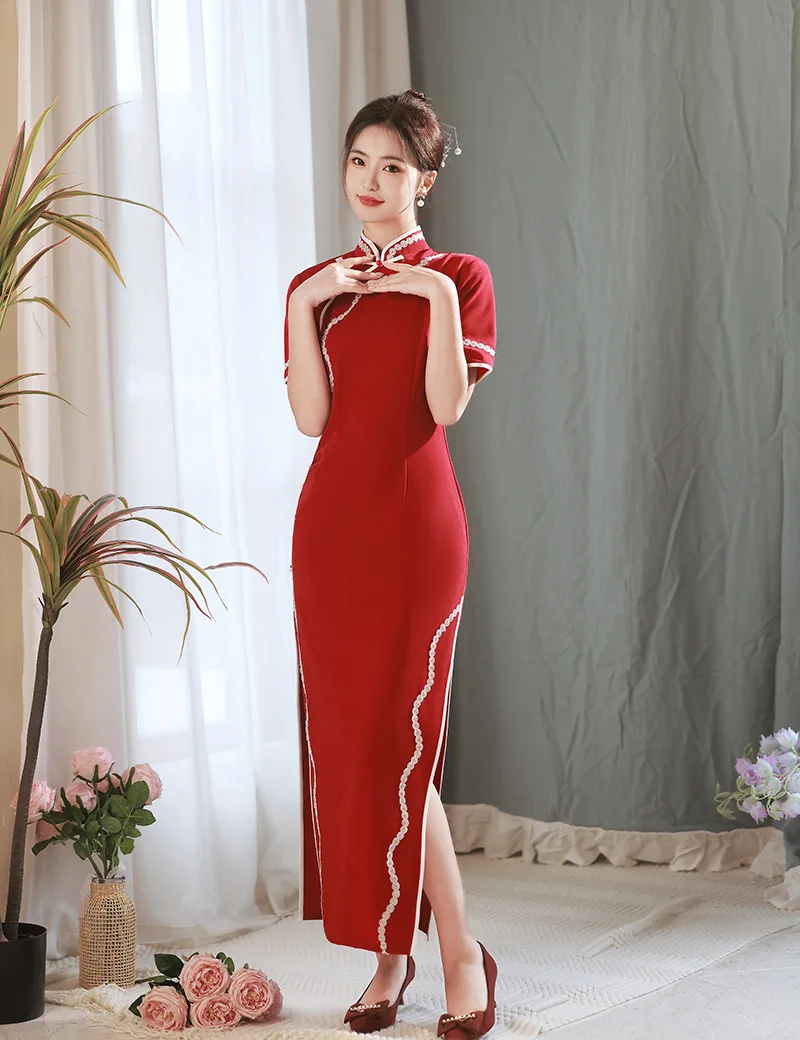 

Oversize 4XL Red Lace Wedding Cheongsam Women Slim Long Qipao Elegant Evening Party Dress Short Sleeve Long Dresses Vestidos