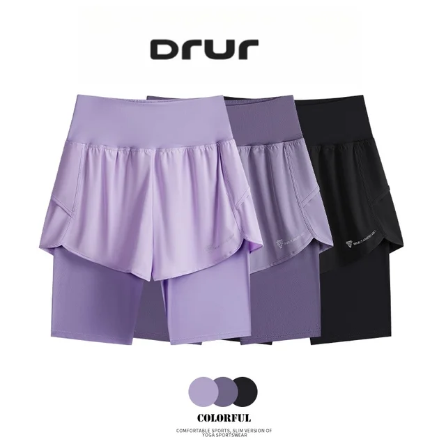 47645-6e6ff7.jpg DRUR Yoga Shorts Women Summer Fake Two Piece High Waist Loose Gym Shorts With Pocket Ladies Lightweight Fitness Running Clothes
