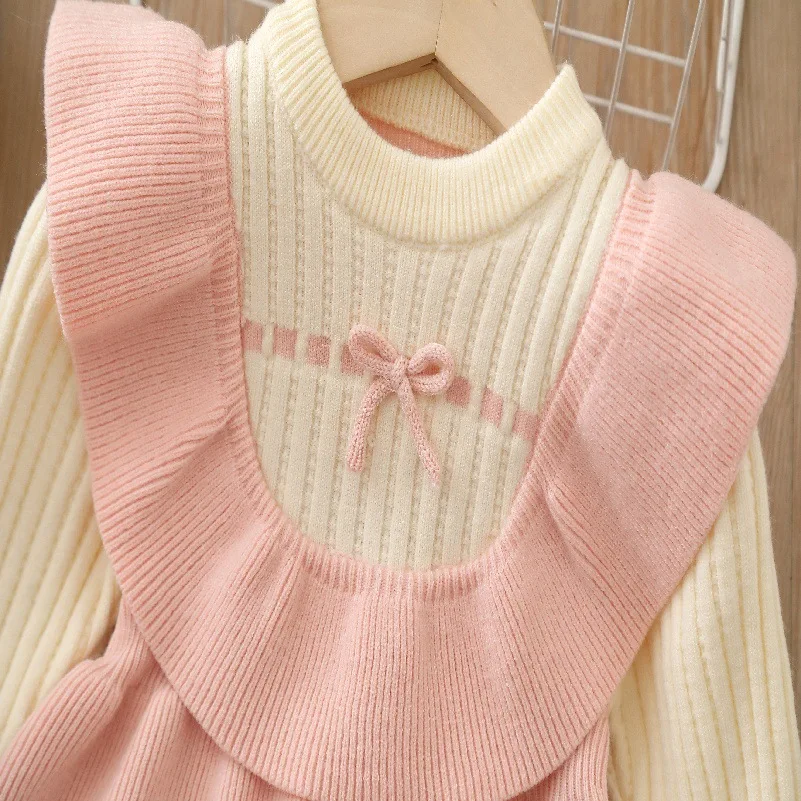 Girls Knit Sweater Dress with Bow Decoration for Kids