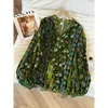 Women's Velvet Floral Print Blouse Loose Lantern Sleeve V-Neck Pearl Decor Retro Casual Fashion Top