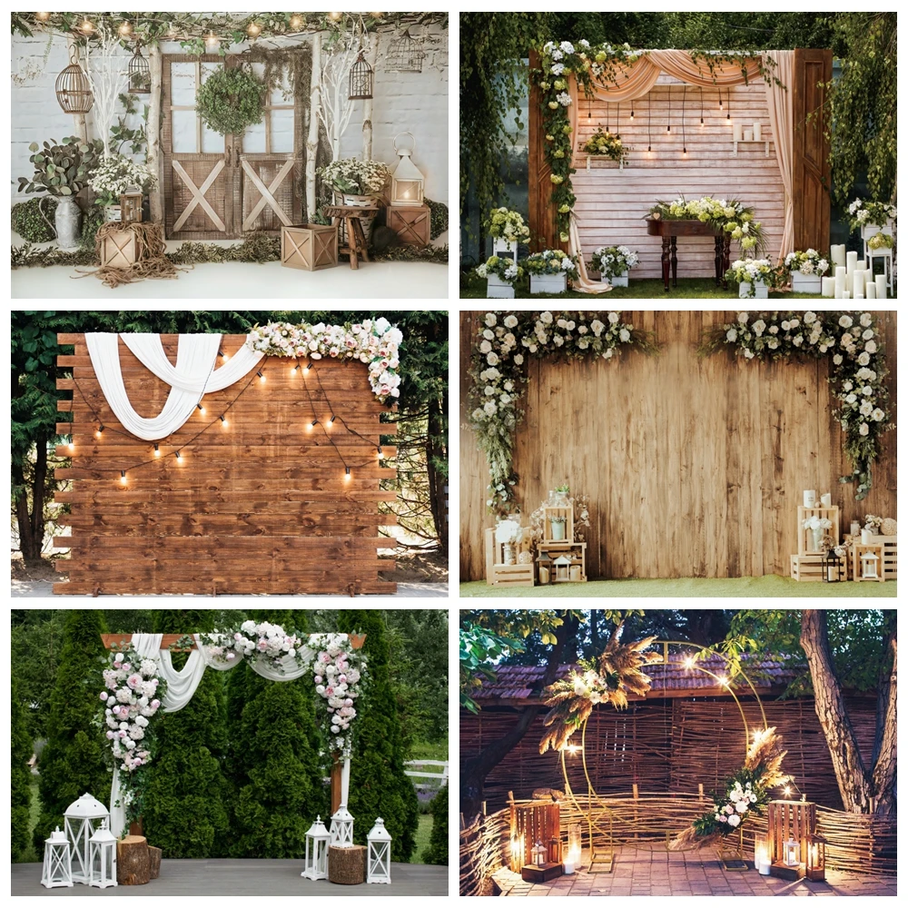 Photo Backdrop Wedding Wooden Wall Backdrops Vintage Garland With Luminous Bulbs Decor Pots With Flowers Candle Party Photographic Backdrops