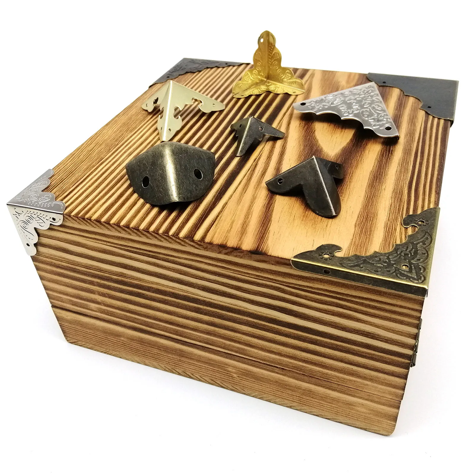Furniture Corner Protector Cover 12pcs Decorative Jewelry Chest Wine Gift Box Wooden Case Antique Brass Golden with Screws Nails