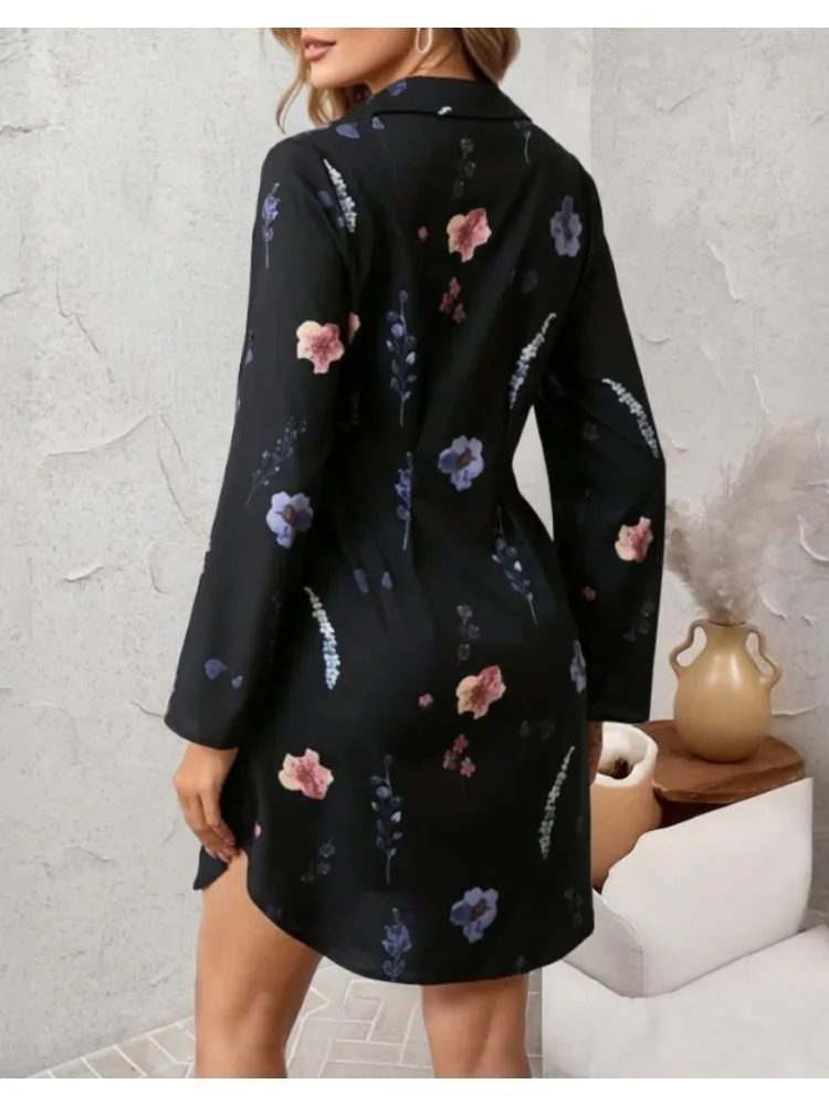 Autumn New Women's Clothing Women's Lapel Cardigan Shirt Printed Single-breasted Medium and Long Shirt Dress