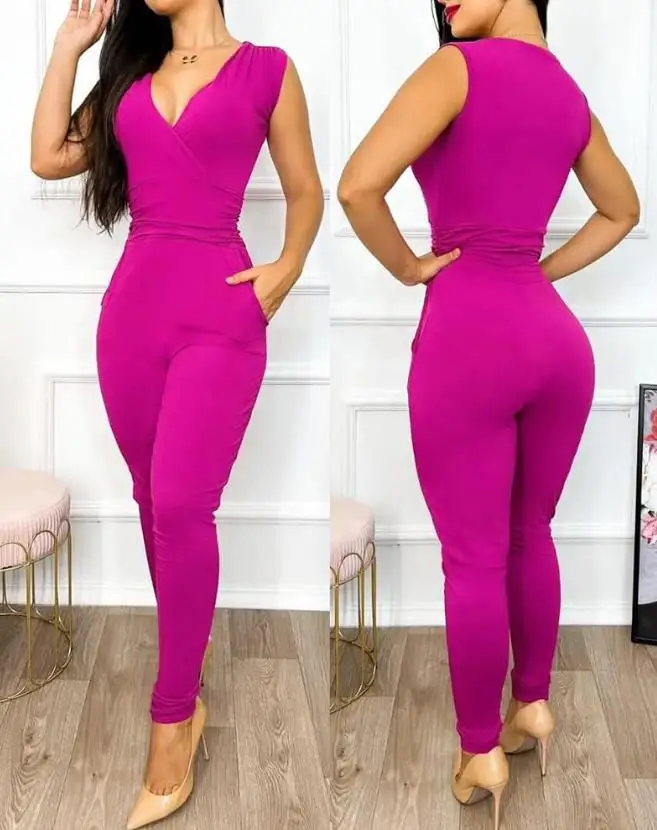 Jumpsuit for Women Summer 2023 Casual New Fashion Skinny Daily Slight Stretch Deep V-Neck Sleeveless Pocket Design Long Jumpsuit