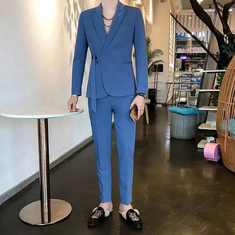 Suit Set Belt Slim Fit Korean Suit 2 Piece Blazer Men Tuxedo Belt Blazer Men Stylish Stage Party Club