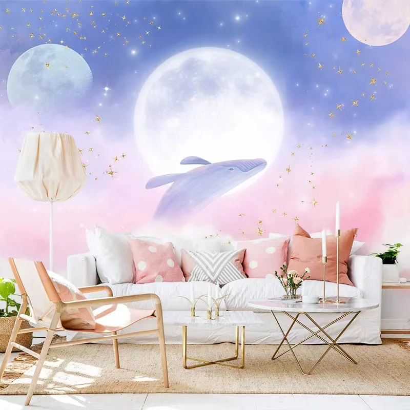 

Nordic art pink online celebrity anchor background wallpaper starry sky dream wallpaper children's room princess room mural wall