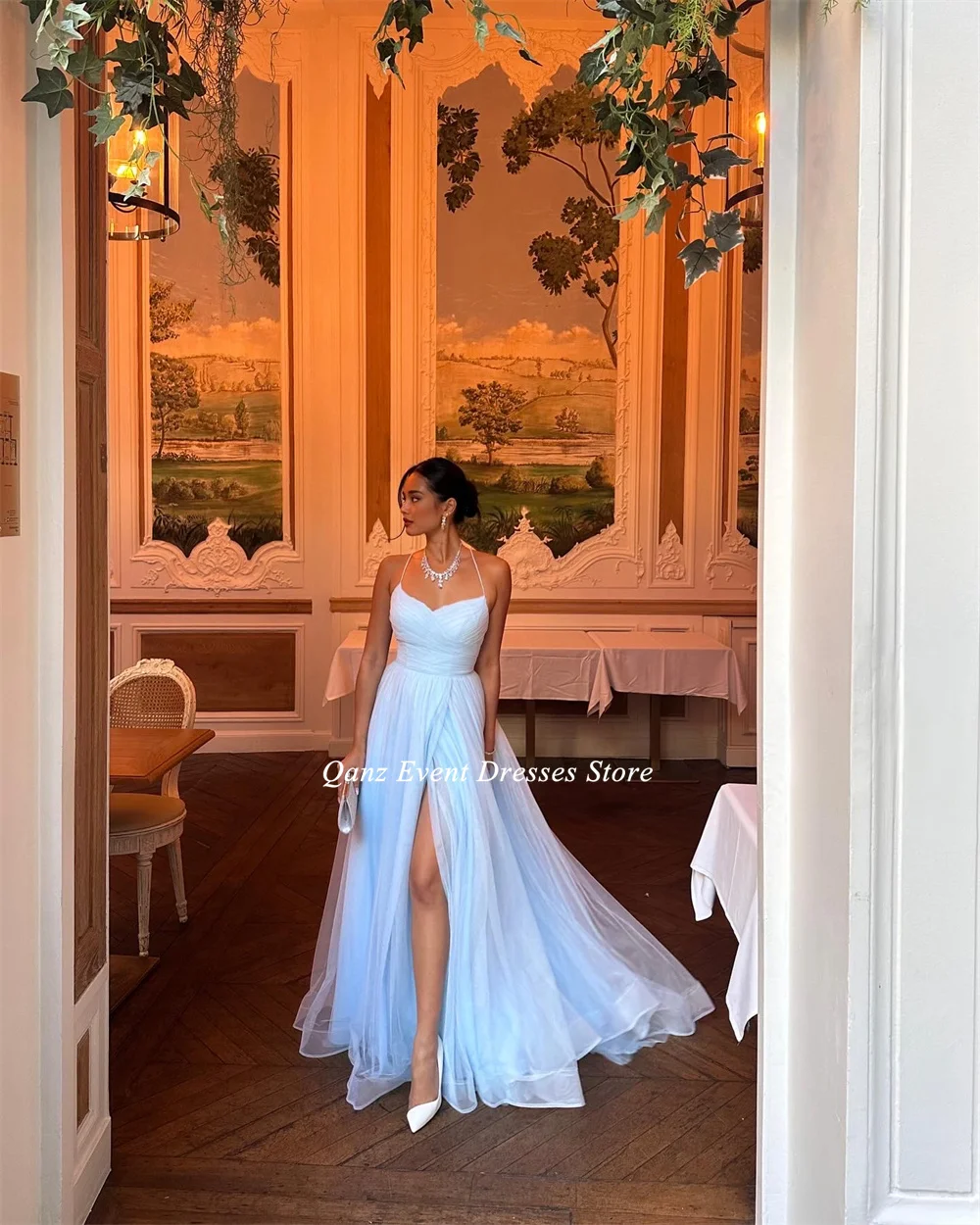 Qanz Sky Blue Elegant Prom Dress Long A Line Tulle High Side Slit Spaghttti Straps Formal Occasion dresses wedding party dress