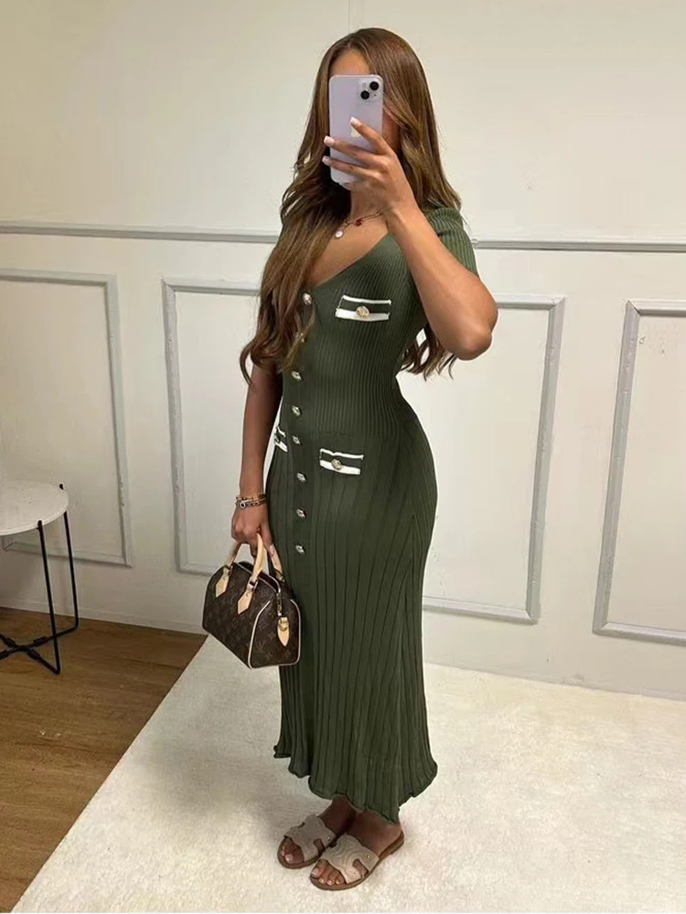 Office Lady Elegant Knitted Long Dress Summer Short Sleelve V Neck Single Breasted Bodycon Dresses Women Party Fashion Vestidos 2