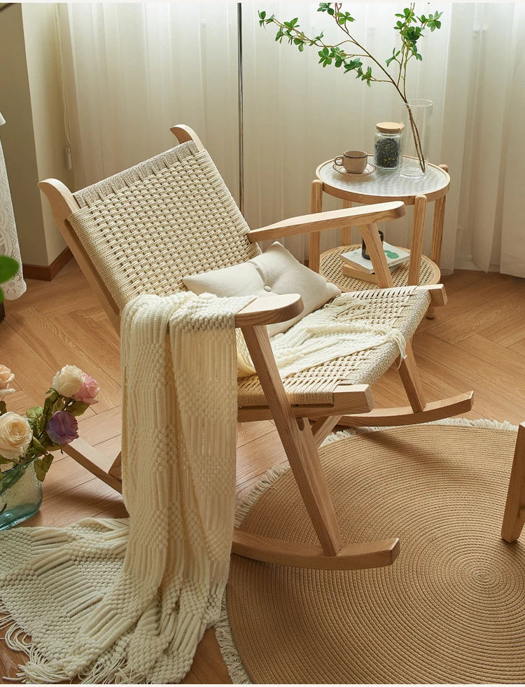 

Скандинавский Плетеный качающийся стул из твердой древесины для взрослых, балкона, домашнего отдыха, односпальный диван, кресло-качалка