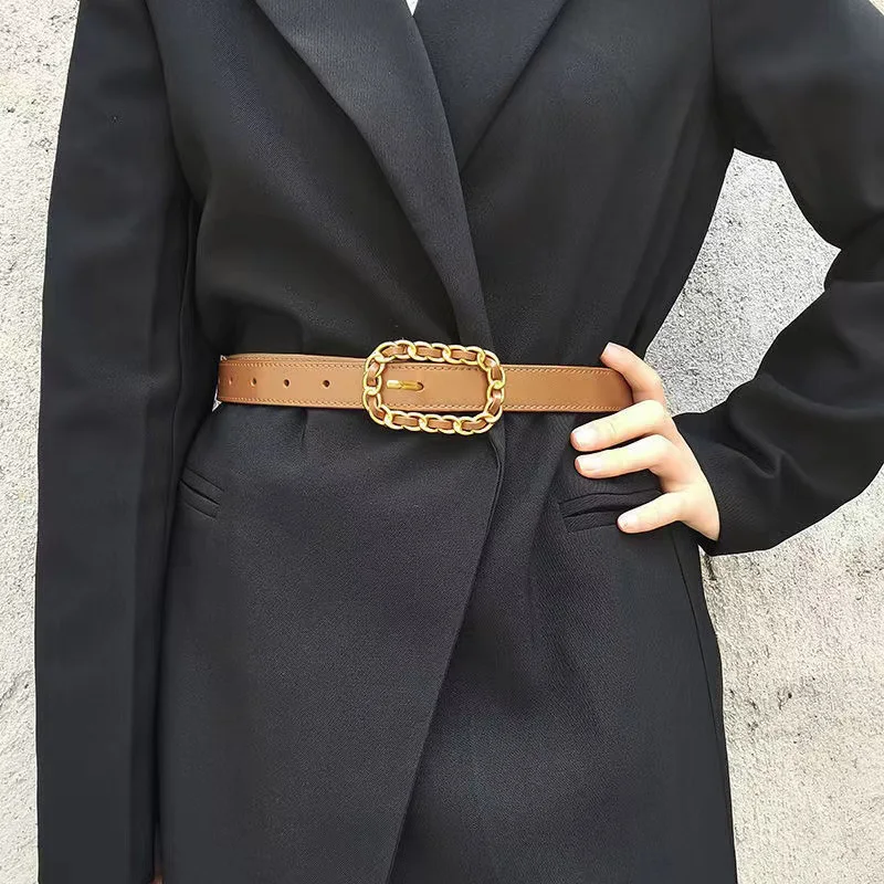 Moda Donna Twist Oro Rettangolo Fibbia Cintura Ins Ornamento Del Vento Cintura In Pelle Pu Gonna Abbinata Pantaloni Maglione Donna Waintband