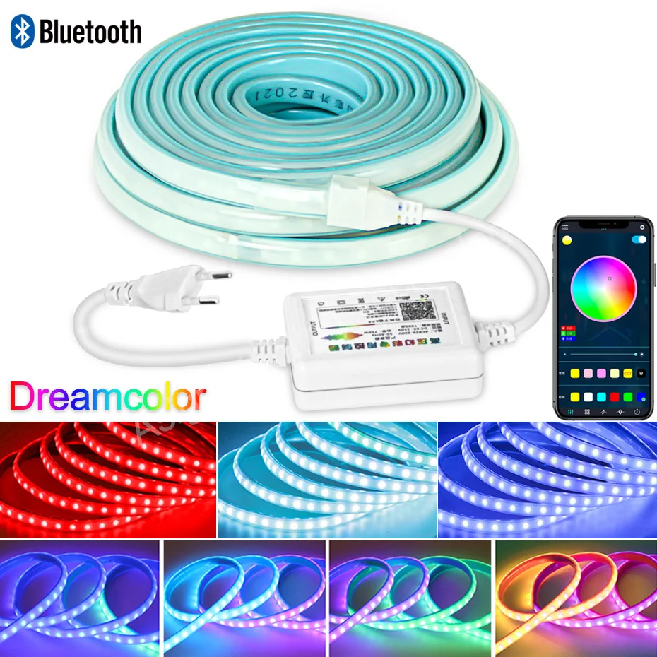 

Dreamcolor LED Strip Light AC 220V Bluetooth Control RGB Lamp Tape SMD 5050 IP67 Waterproof Flexible Neon Ribbon with EU Plug