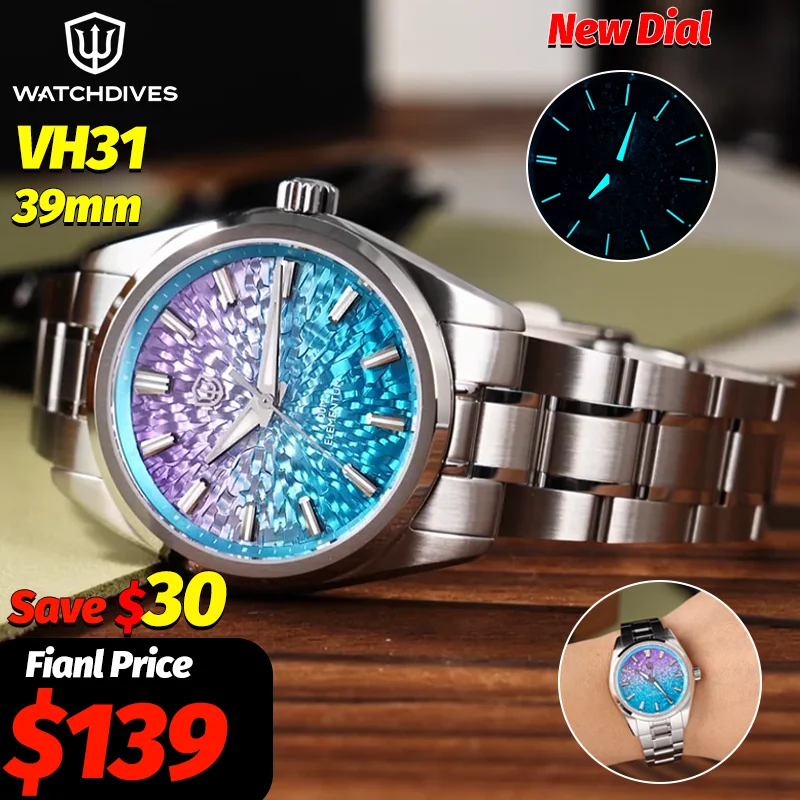 Watchdives WD0003C Quartz Watches 38Mm Purple Blue Ice Crack Dial VH31 Movement AR Sapphire 10Bar Waterproof BGW9 Wrist Watch