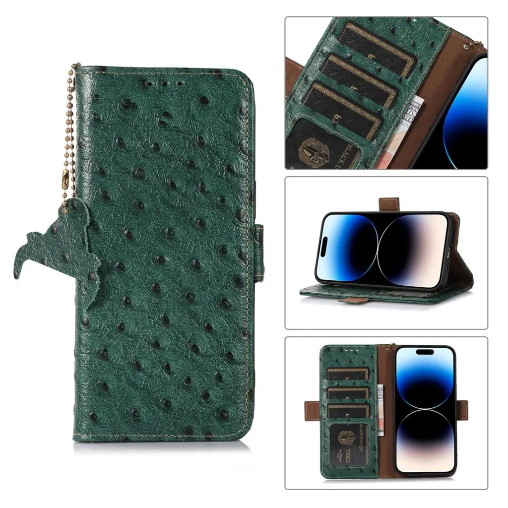 

Genuine Cowhide Leather Flip Case For Xiaomi Mi 12T Pro Redmi K50 Ultra Ostrich Pattern RFID Card Slots Magnetic Wallet Cover