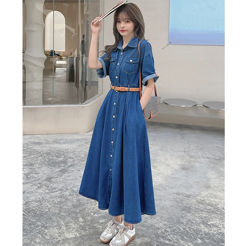 Women Denim Dress Vintage Turn-Down Collar Pockets Single Breasted