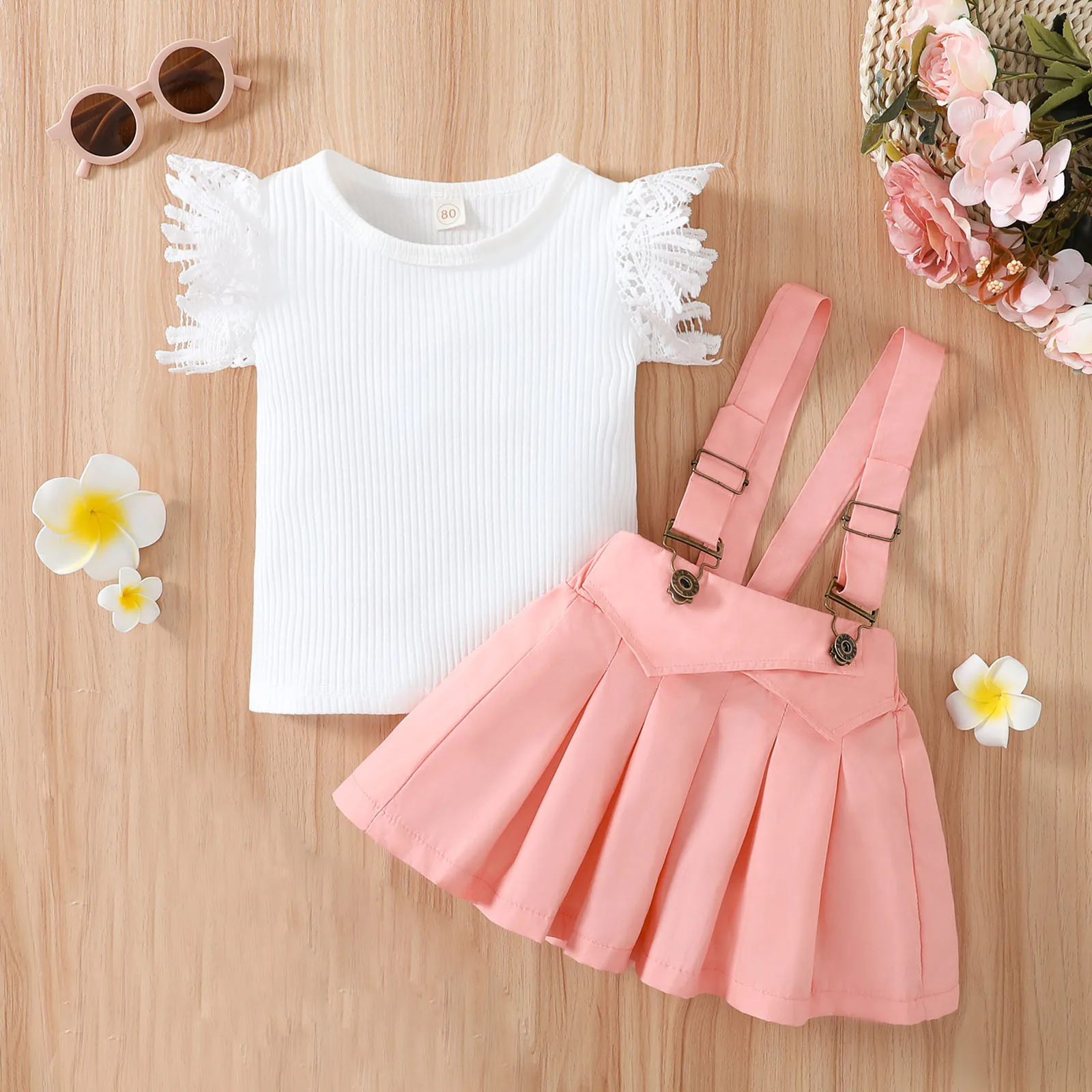 

Summer Kid Girls Clothes Solid Short Sleeve Top Suspender Skirt Children Fashion Style 2pcs Outfits Children Girl Clothing Sets