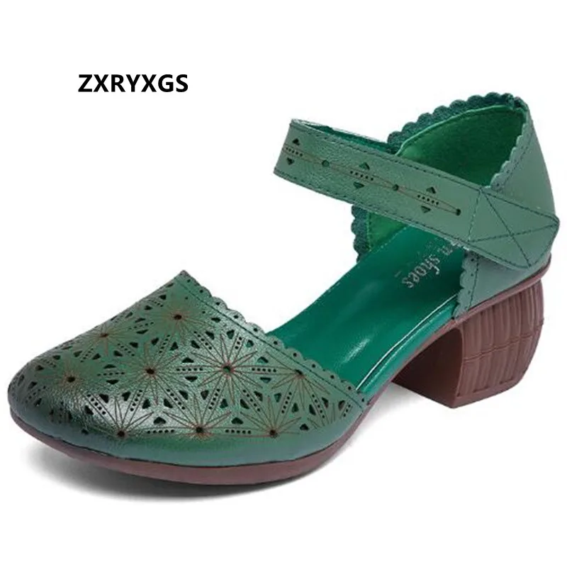 

2024 New Top Soft Cowhide Hollow Round Toe Women Leather Sandals Summer Fashion Sandals Soft-soled Non-slip High Heel Sandals