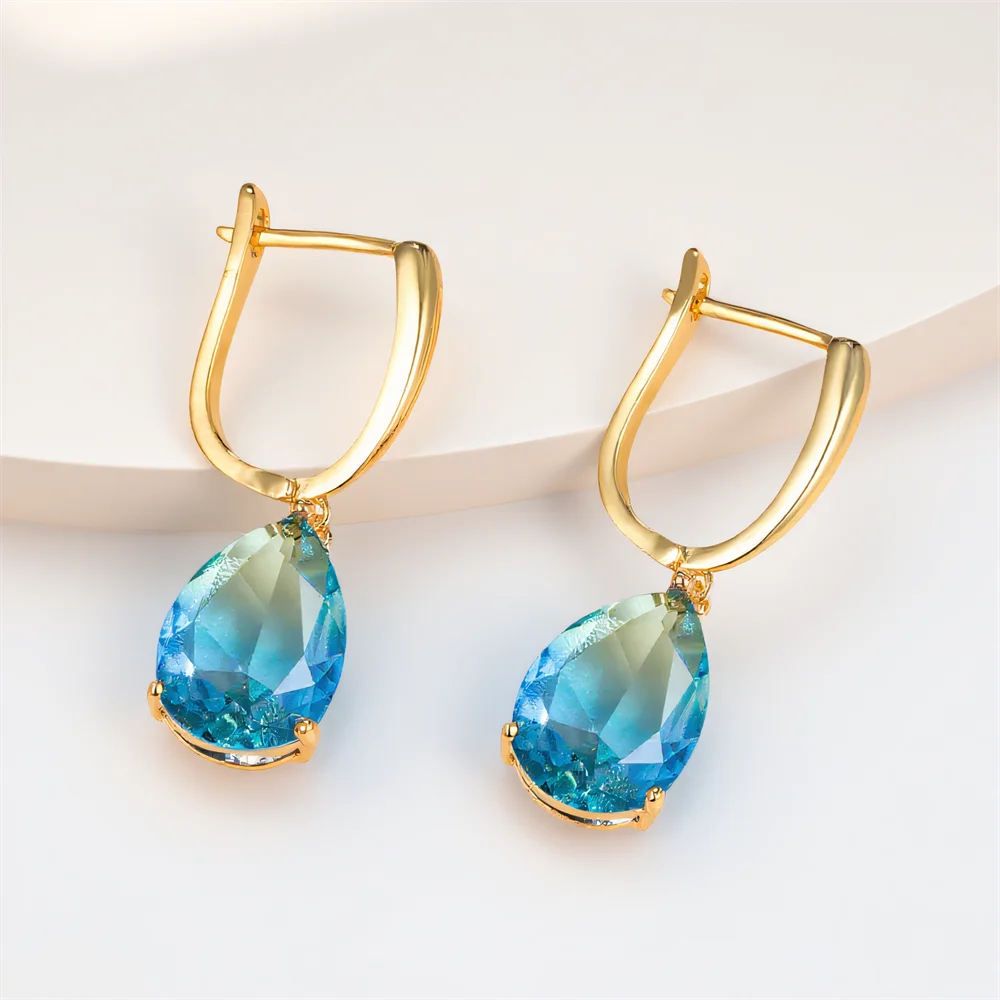 Blue Green Crystal Zircon Water Drop Stone Hoop Earrings For Women Vintage Gold Color Ear Buckle Wedding Jewelry Versatile Gifts