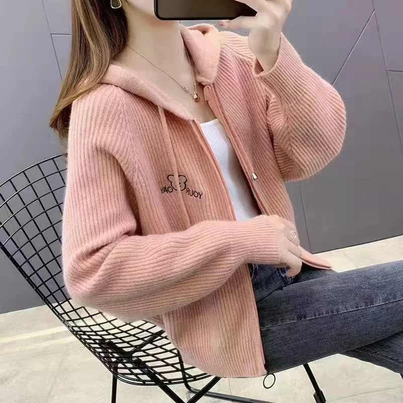 

2023 Women's Single Autumn Hooded Sweater Short Knitted Cardigan Coat