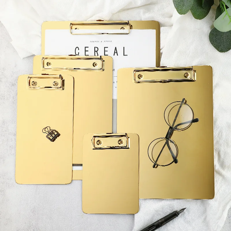 Aço inoxidável Clip Board De Armazenamento, Escrevendo Arquivo, Tala, Suprimentos De Negócios, Prancheta De Metal Dourado, A4, A5