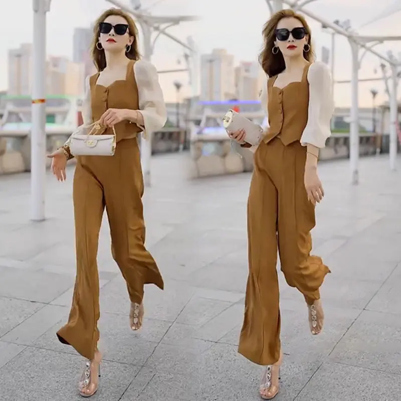 Temperament and Fashion Set Women's Patchwork Lantern Sleeves Wide Leg Pants Long Sleeves Temperament Two-piece Set