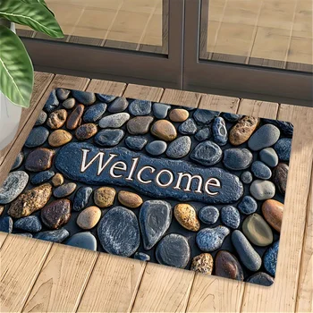 "Welcome on Pebbles" Non-Slip Floor Mat - Indoor and Outdoor Absorbent Foot Mat Suitable for Home Decoration,Durable and Stylish