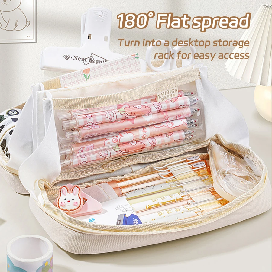 Kawaii 화산 연필 케이스 확장 가능한 대용량 캔버스 화장품 가방 학생용 편지지 가방 학교 용품