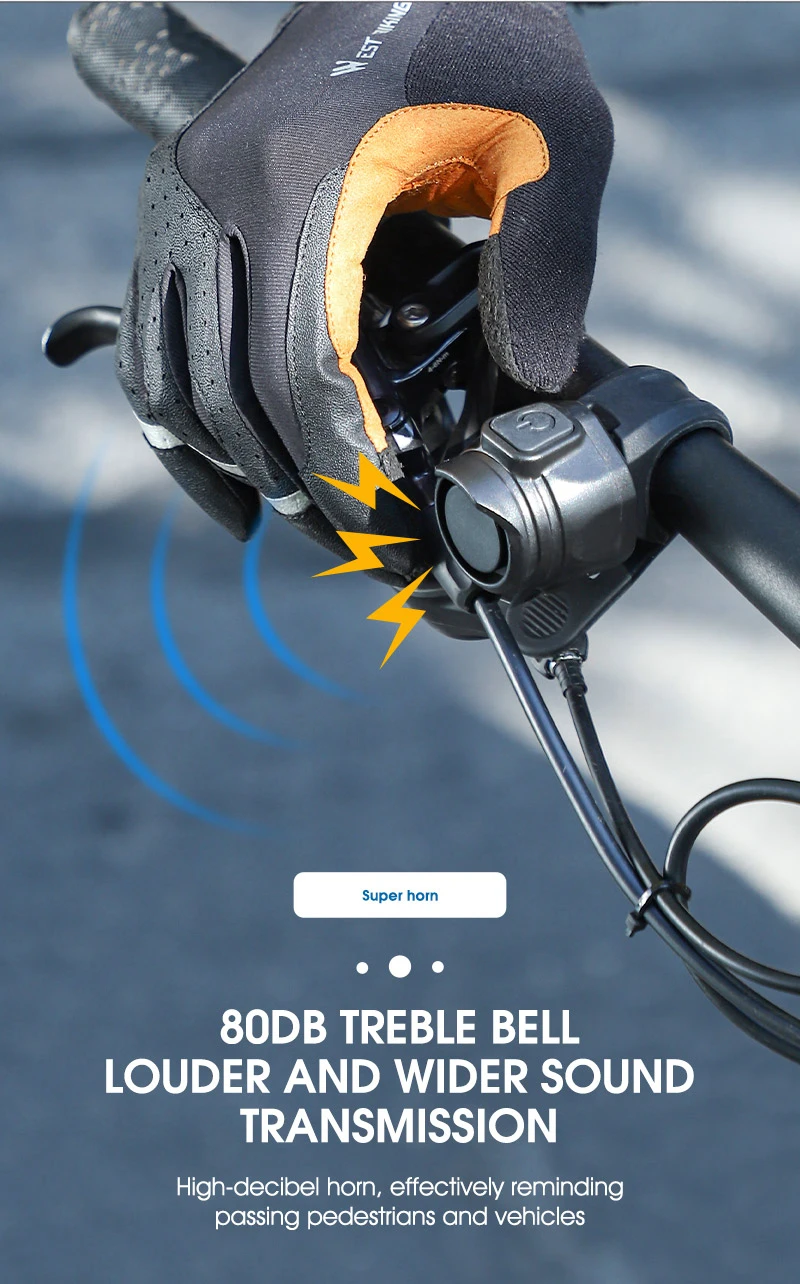 Description Picture 6 of itemWest Biking Electric Bike Bell USB Rechargable Warning Horn 6 Sound Mode Handlebar Bicycle Ring High Decibel Bike Accessories
