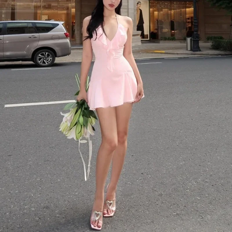Sexy Halter Ruffles V-Neck Dress Women Backless Elegant Summer Chic Solid Birthday Party Clubwear Mini Bodycon