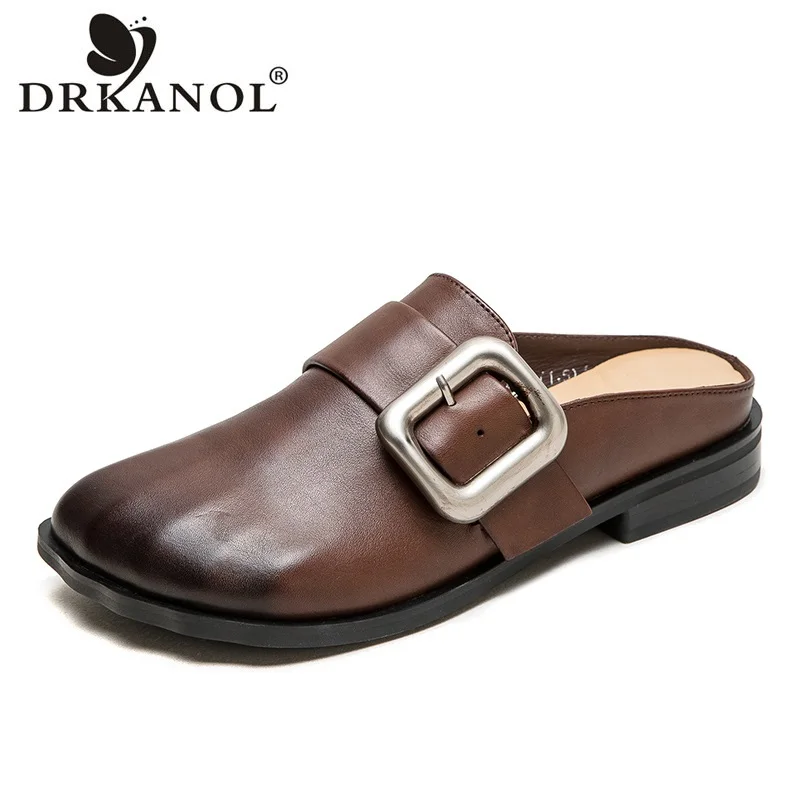 

DRKANOL British Style Women Slippers Summer Mules Flat Slingback Shoes Ladies Genuine Leather Low Heel Casual Slippers Slides