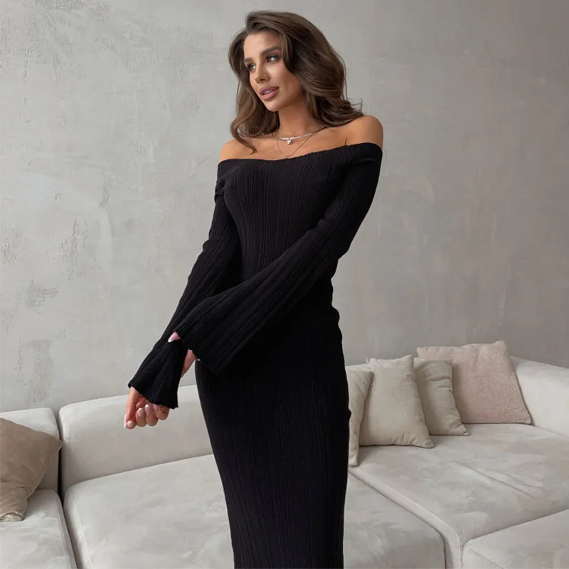 Ribbed Off-Shoulder Knit Long Dress For Women Slim Elegant Long Sleeve High Waist Backless Dress Knitwear Loose Maxi Dress
