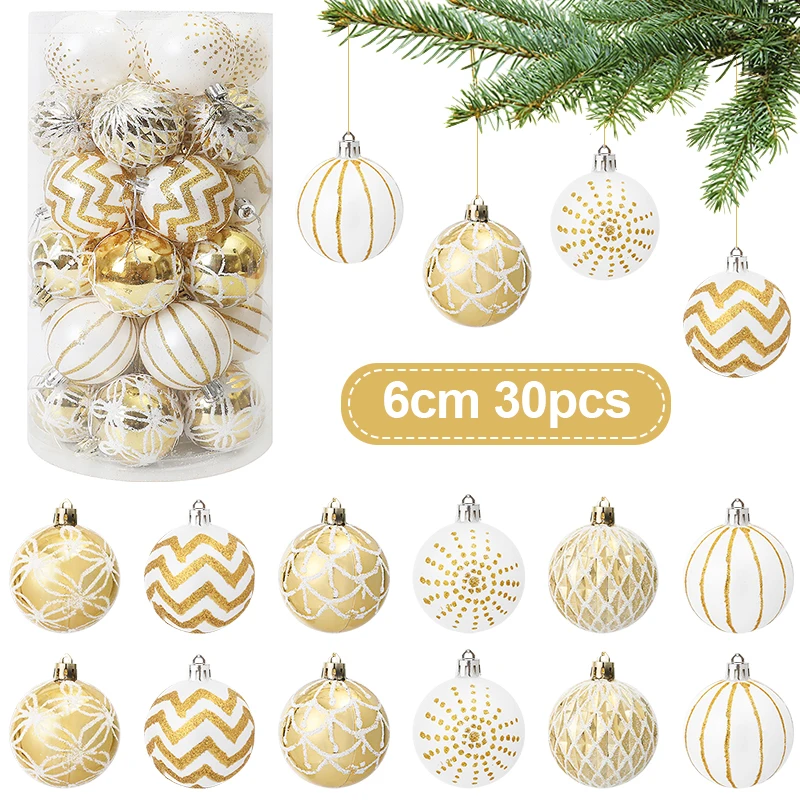 30pcs 6cm Gold White Christmas Balls Ornament Xmas Tree Hanging Pendant Navidad New Year Home Party Decoration Festival Supplies