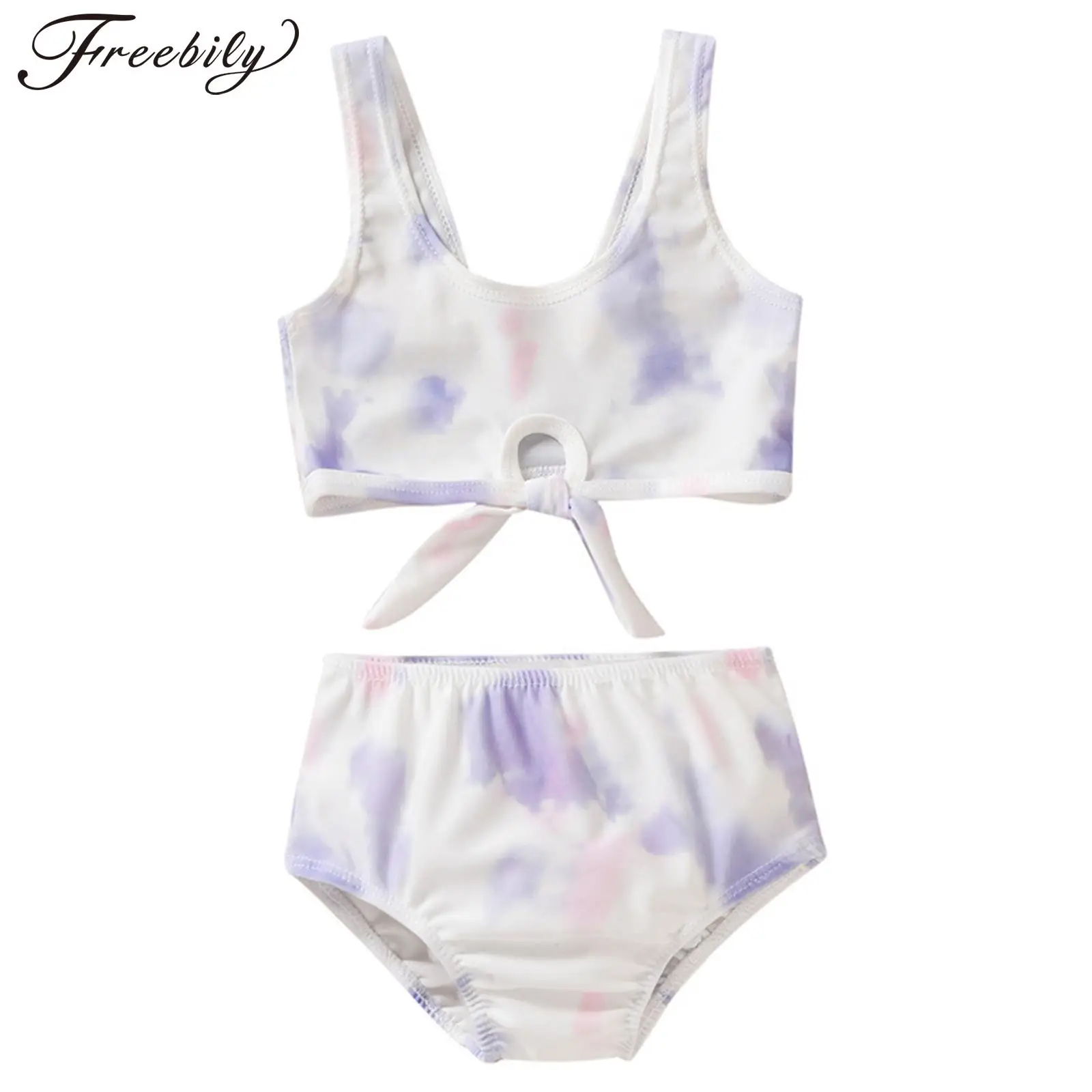 

Girls Two Pieces Set Bikini Tie Dye Stylish Swimwear Sleeveless Round Neck Fashion Swimmsuit for Kids Girls Bathing Beach Wear