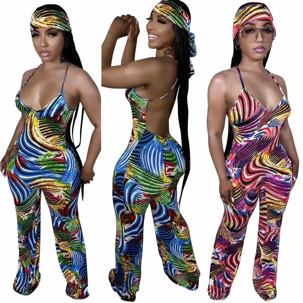 

Backless Jumpsuit with Headscarf Women Suits 2023 Summer Romper Elegant Bodycon Overalls One Piece Wide Leg Long Pant Jumpsuits