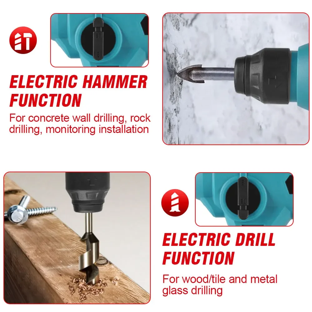 1000W 3600rpm Cordless Electric Rotary Hammer Rechargeable 8600ipm Electric Hammer Drill Power Tools For Makita 18V Battery 5