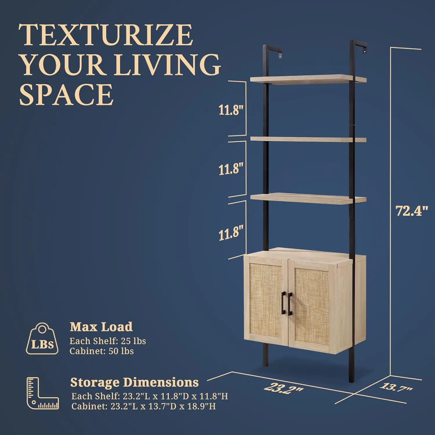 Tier Bookshelf with Rattan Cabinet, 73" Tall Bookshelf with Oak Wood Mount Bookshelves Steel Frame Pl