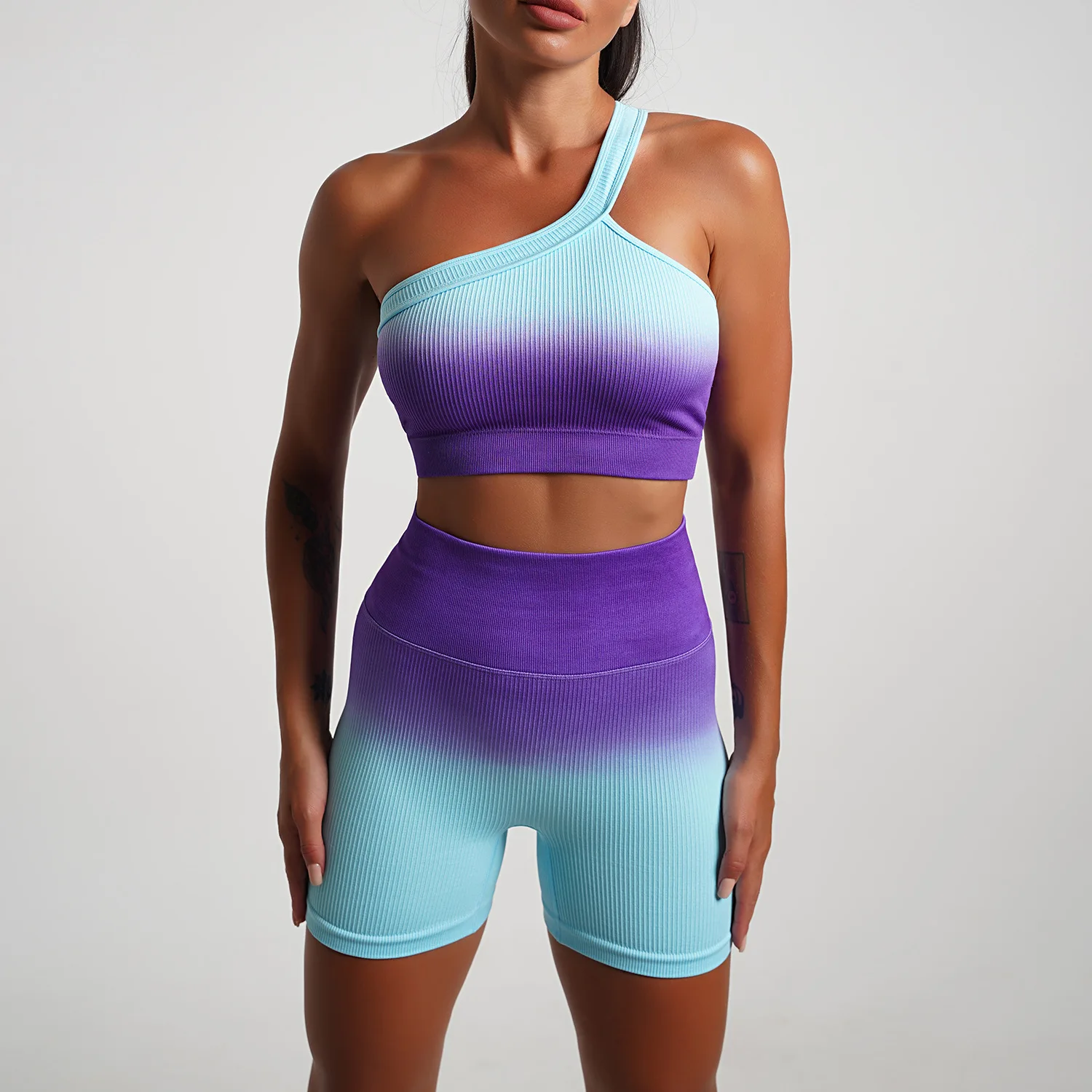 Blue One-Shoulder Ribbed Sports Bra + Shorts
