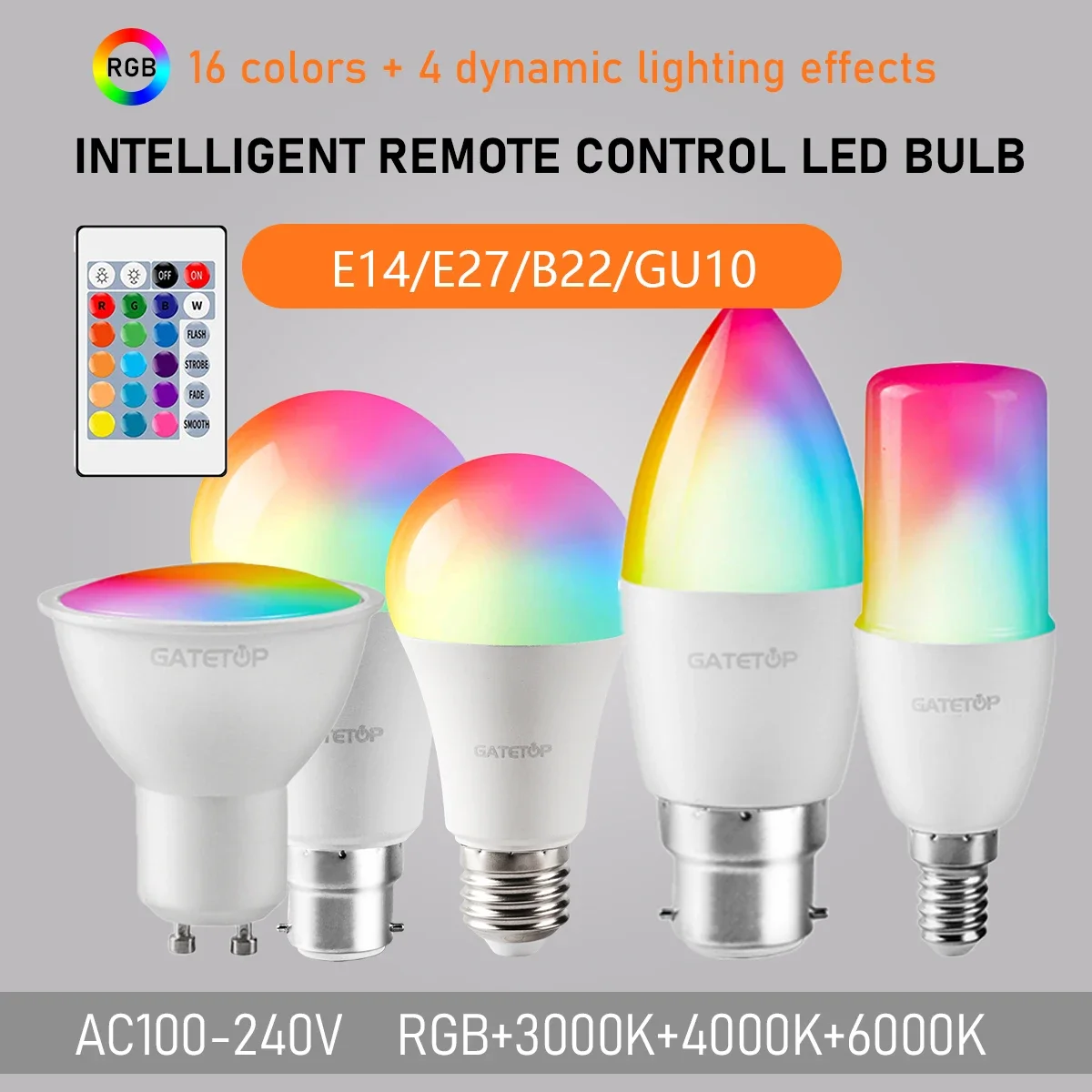 AC100-240V LED 스마트 전구, 적외선 리모컨 포함, 홈 파티 장식, 밝기 조절 가능 색상 조명, RGBW GU10, A60, C37, G45, 6W, 10W
